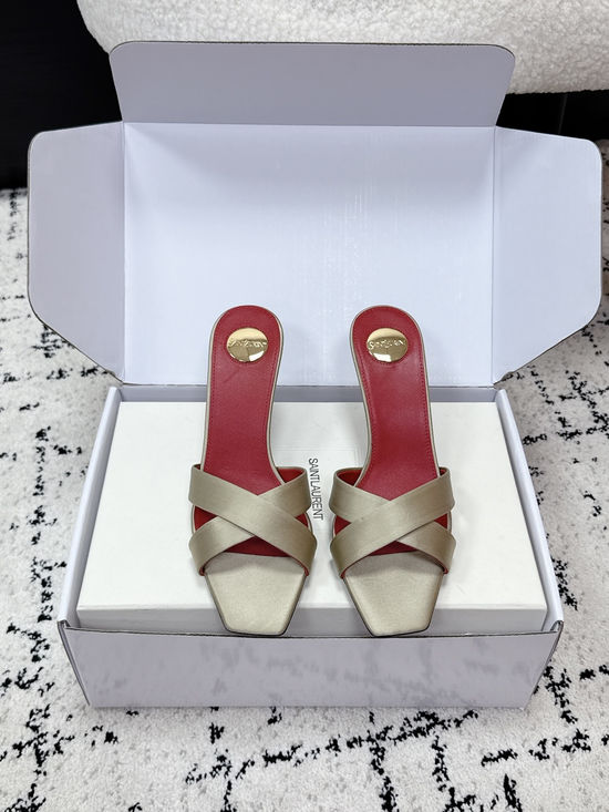 Yves Saint Laurent Satin Cross Strap High Heel Mule Slides