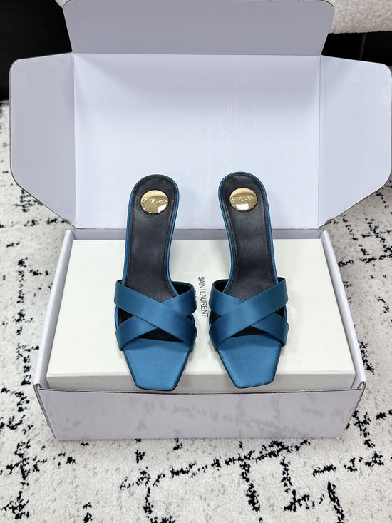 Yves Saint Laurent Satin Cross Strap High Heel Mule Slides