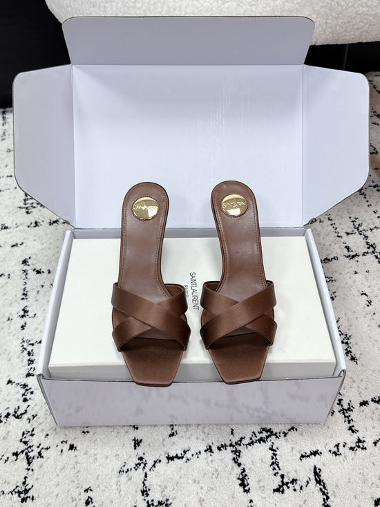 Yves Saint Laurent Satin Cross Strap High Heel Mule Slides