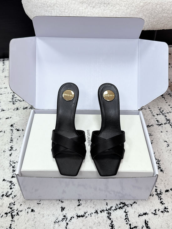 Yves Saint Laurent Satin Cross Strap High Heel Mule Slides