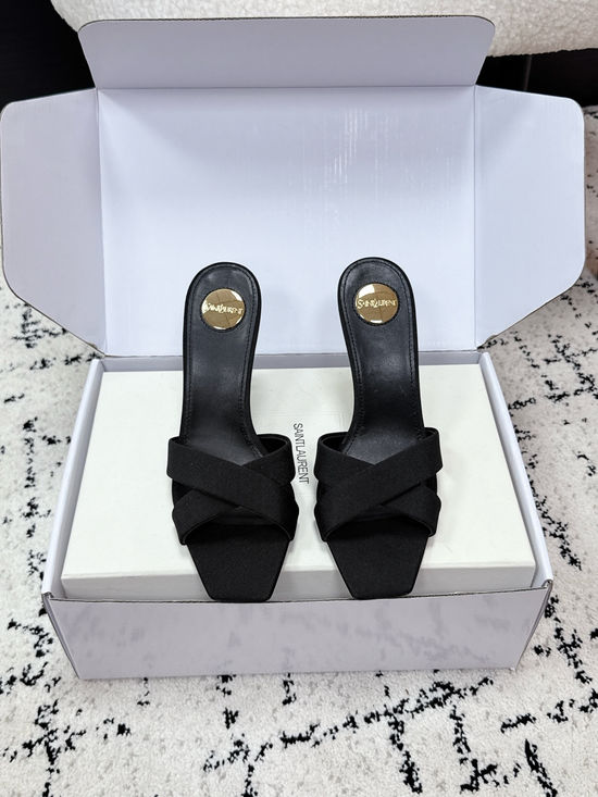 Yves Saint Laurent Satin Cross Strap High Heel Mule Slides