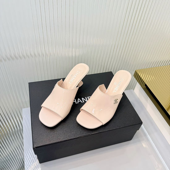 Chanel Classic Logo Decor Sheepskin High Heel Slide Slippers
