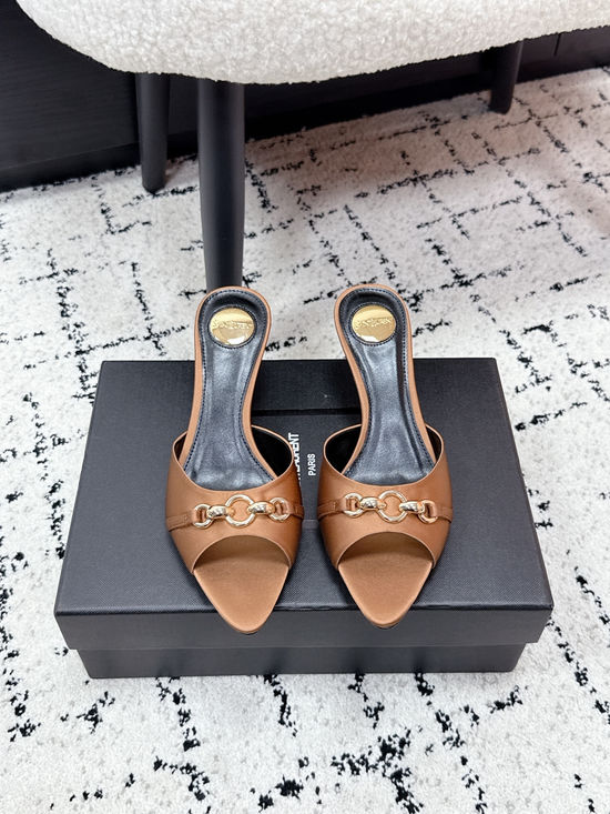 Yves Saint Laurent Chain Decor Pointed Toe Stiletto Heel Mules Leather Sole