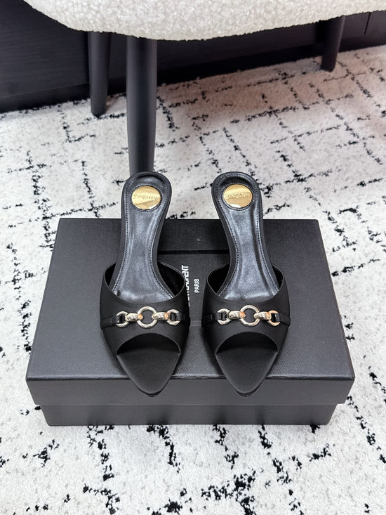 Yves Saint Laurent Chain Decor Pointed Toe Stiletto Heel Mules Leather Sole