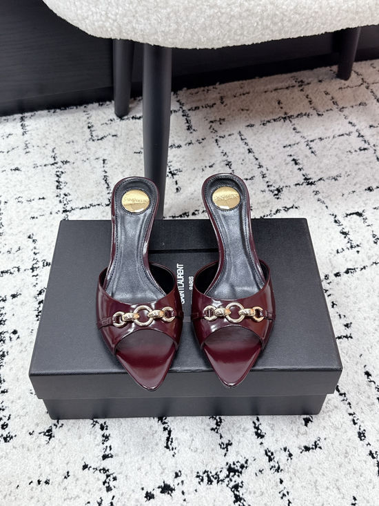 Yves Saint Laurent Chain Decor Pointed Toe Stiletto Heel Mules Leather Sole