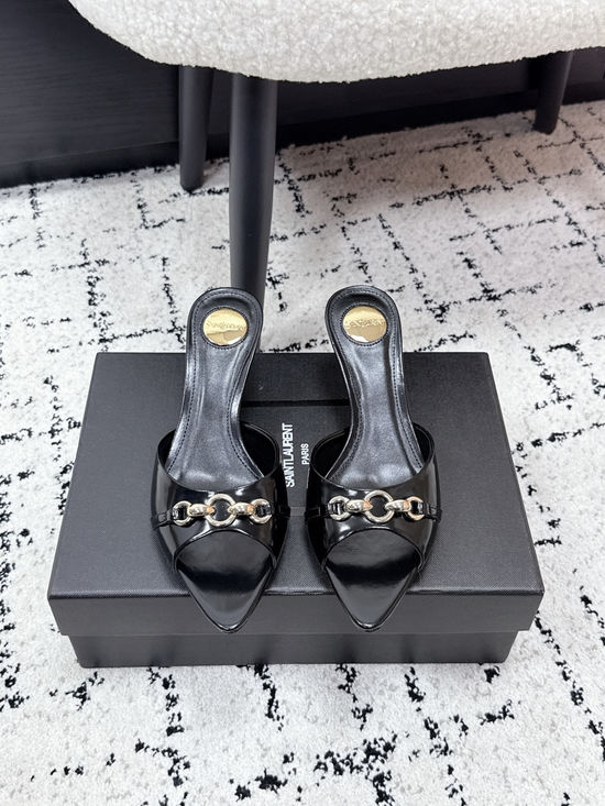 Yves Saint Laurent Chain Decor Pointed Toe Stiletto Heel Mules Leather Sole