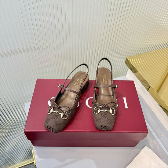 Gucci Sheepskin Square Toe Buckle Bow Low Heel Sandals