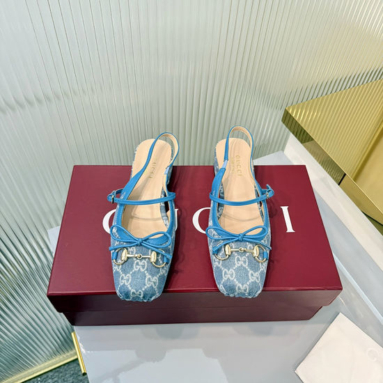 Gucci Sheepskin Square Toe Buckle Bow Low Heel Sandals