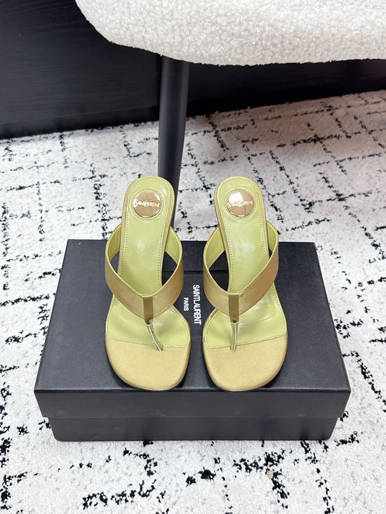 Yves Saint Laurent High Heel Silk Upper Thong Sandals With Leather Sole