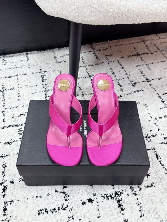 Yves Saint Laurent High Heel Silk Upper Thong Sandals With Leather Sole