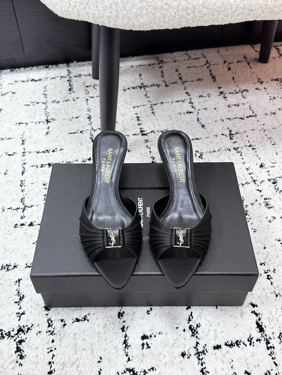 Yves Saint Laurent Ruched Pointed Toe Stiletto Heel Mules Leather Lined