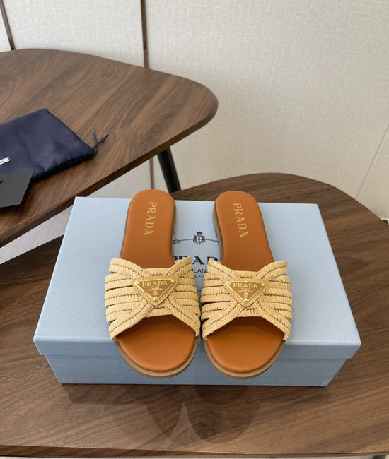 Prada Woven Upper Genuine Leather Elegant Slides