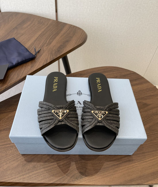 Prada Woven Upper Genuine Leather Elegant Slides