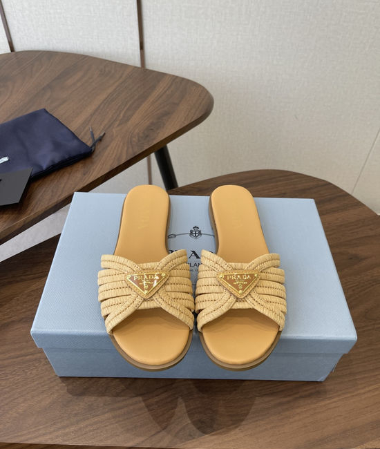 Prada Woven Upper Genuine Leather Elegant Slides