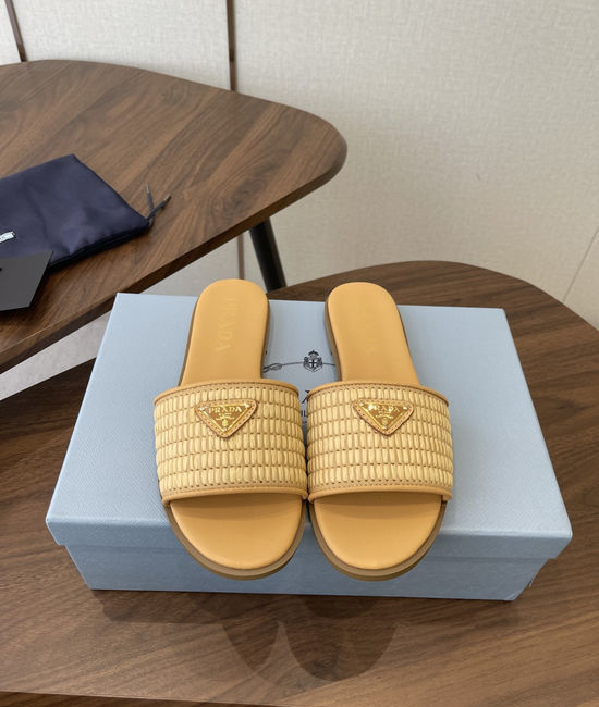 Prada Woven Upper Genuine Leather Elegant Slides