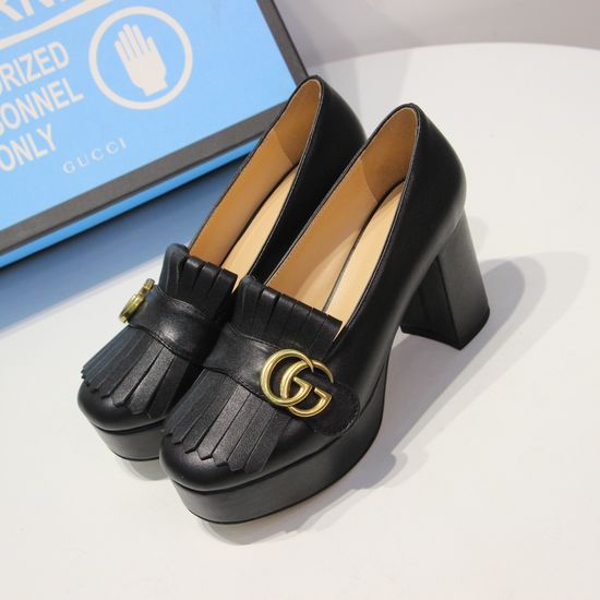 Gucci Fringe Decor Platform Chunky Heel Pumps Premium Leather Upper