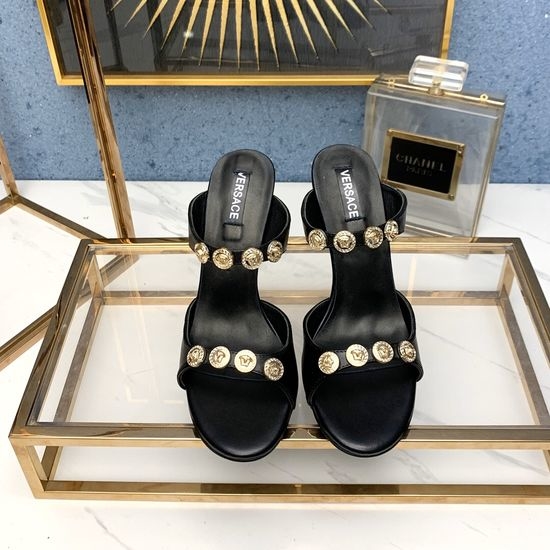 Versace High Heel Slide Sandals Full Sheepskin Lined Cowhide Upper