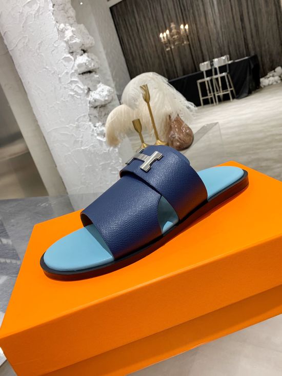 Hermes Premium Blue Leather Slides Genuine Upper Durable Outsole