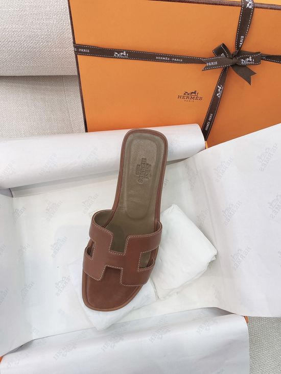 Hermes Classic H-shaped Flat Slide Slippers Premium Leather Sole