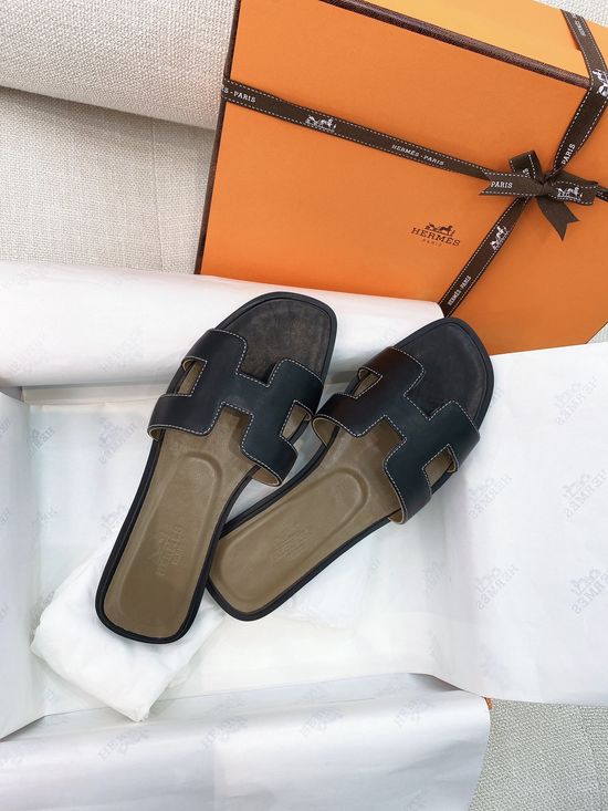 Hermes Classic H-shaped Flat Slide Slippers Premium Leather Sole