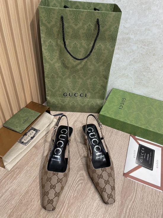 Gucci Light Coffee Monogram Jacquard Kitten Heel Slingback Shoes
