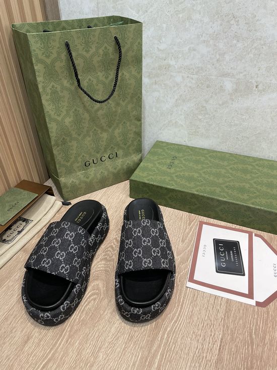 Gucci Denim Wide Strap Platform Sandals With Premium Rubber Sole