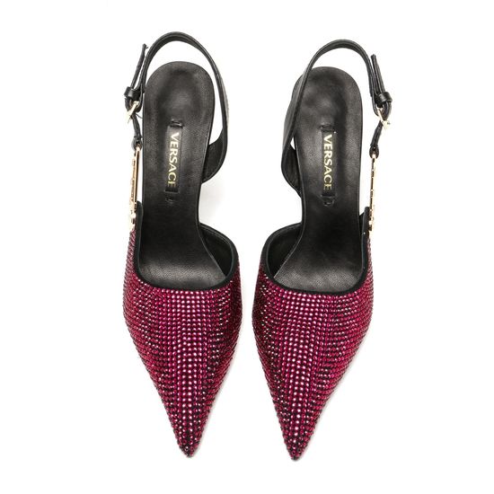 Versace Suede Rhinestone Stiletto Heel Slingback Sandals