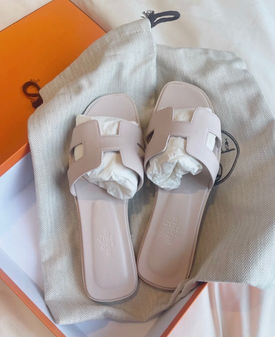Hermes Petal Pink Flat Slippers with Genuine Leather Sole