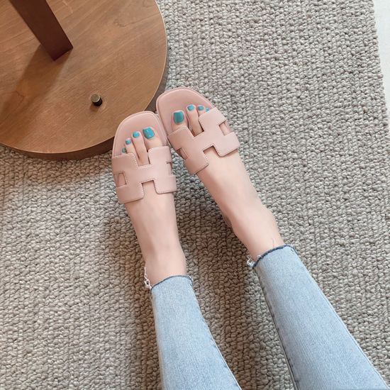 Hermes Petal Pink Flat Slippers with Genuine Leather Sole