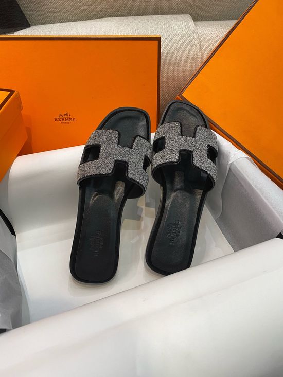 Hermes Black Caviar Crystal Embellished Flat Slide Sandals