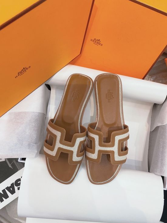 Hermes Stitched Leather H Shape Flat Slide Slippers