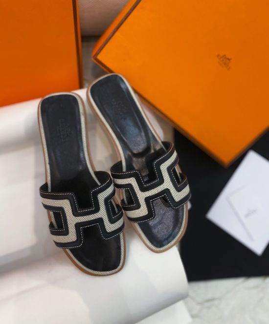 Hermes Stitched Leather H Shape Flat Slide Slippers