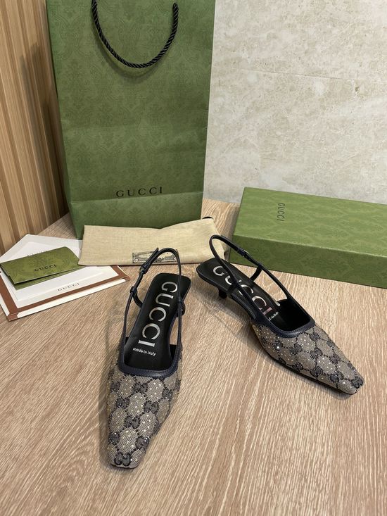 Gucci Rhinestone Accent Monogram Kitten Heel Dress Shoes