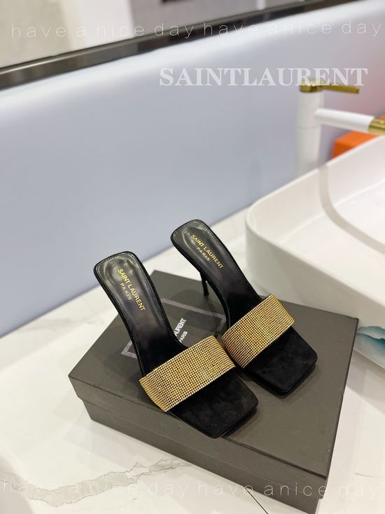 Yves Saint Laurent Rhinestone Leather High Heel Slides Premium Sole