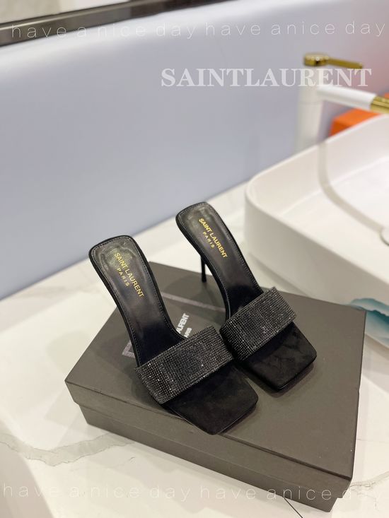 Yves Saint Laurent Rhinestone Leather High Heel Slides Premium Sole