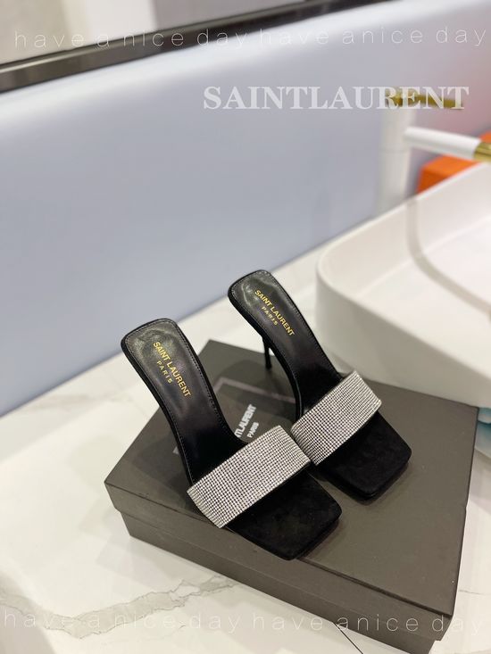 Yves Saint Laurent Rhinestone Leather High Heel Slides Premium Sole