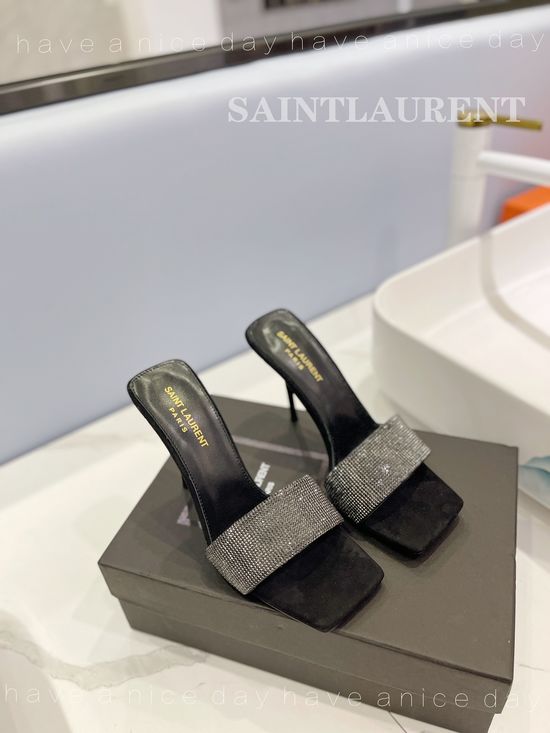 Yves Saint Laurent Rhinestone Leather High Heel Slides Premium Sole