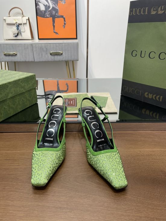 Gucci Crystal Embellished Kitten Heel Sandals With Fabric Upper