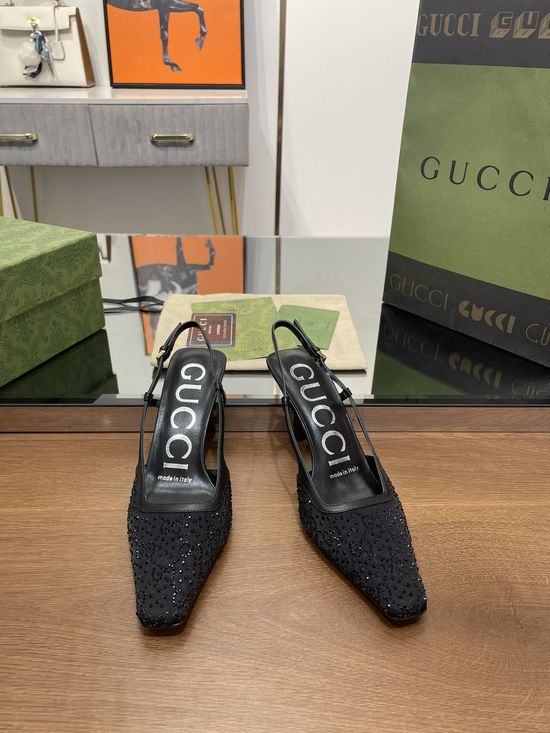Gucci Crystal Embellished Kitten Heel Sandals With Fabric Upper