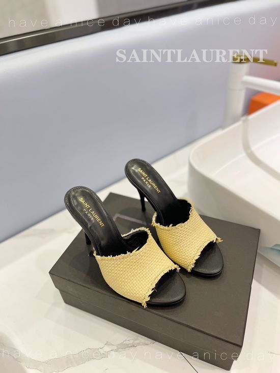 Yves Saint Laurent Braided Rope High Heel Slides Soft Insole Leather Sole