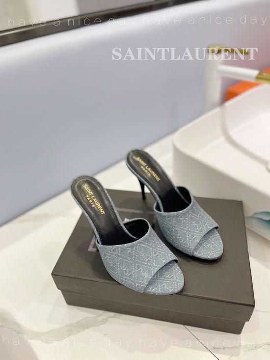 Yves Saint Laurent Denim High Heel Slides Goatskin Insole Leather Sole