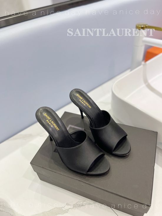 Yves Saint Laurent Denim High Heel Slides Goatskin Insole Leather Sole