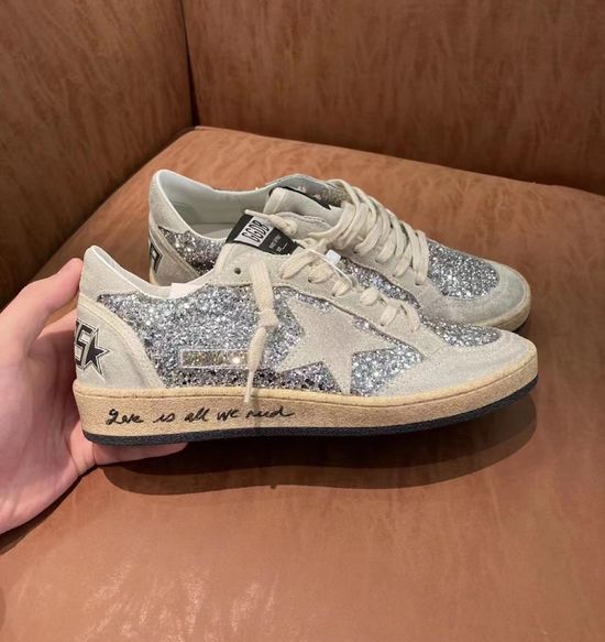 Golden Goose Sequin Silver Gray Star Casual Distressed Platform Sneakers