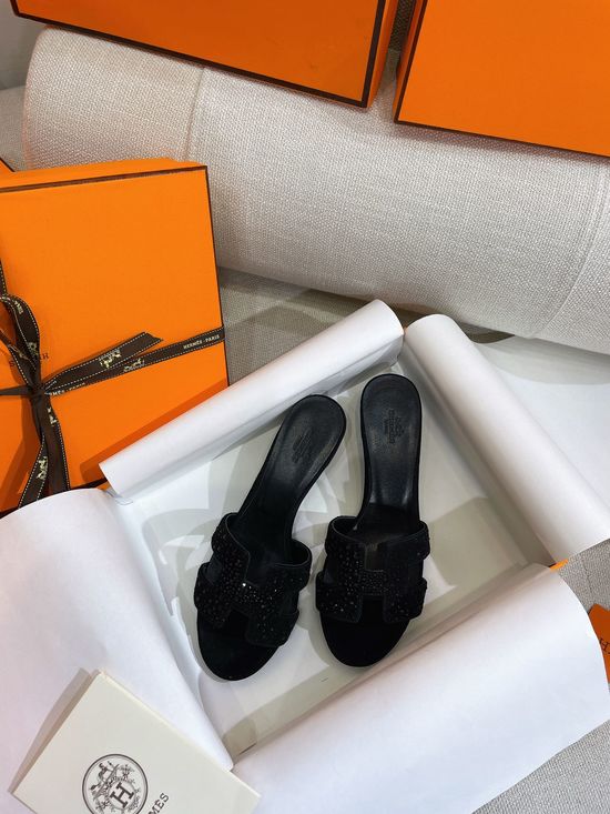 Hermes Rhinestone Embellished Suede Mid Heel Slide Slippers