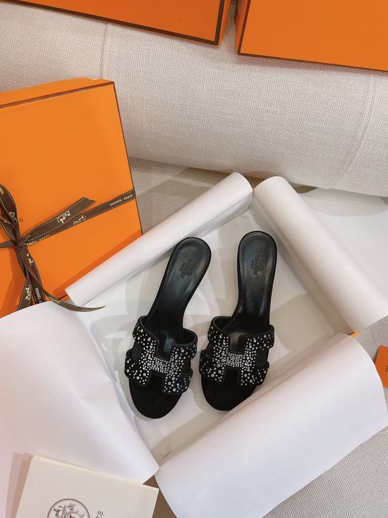 Hermes Rhinestone Embellished Suede Mid Heel Slide Slippers