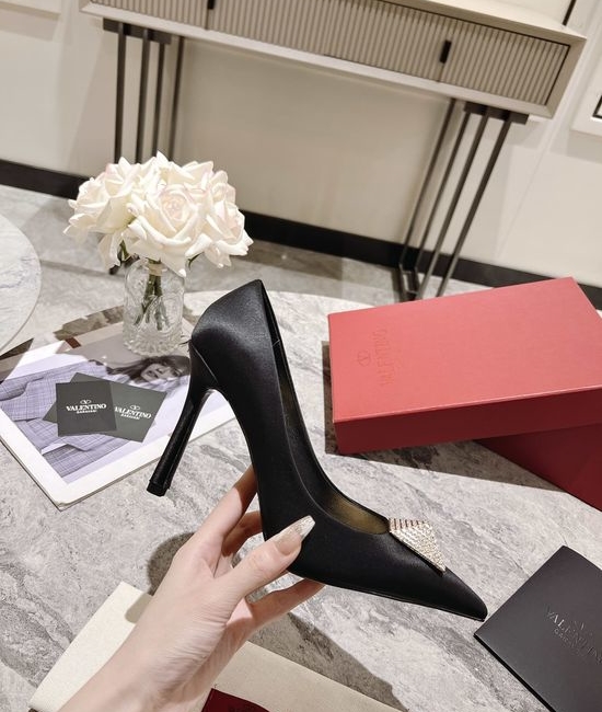 Valentino Rhinestone Rivet Decor Silk Upper Elegant High Heels
