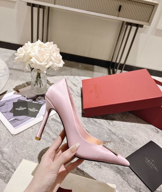 Valentino Rhinestone Rivet Decor Silk Upper Elegant High Heels