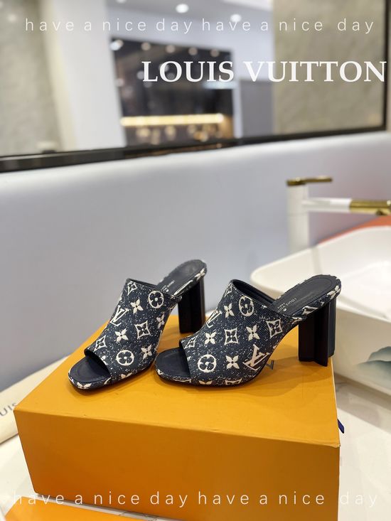 Louis Vuitton Peep Toe Slip On Genuine Leather Heeled Mules