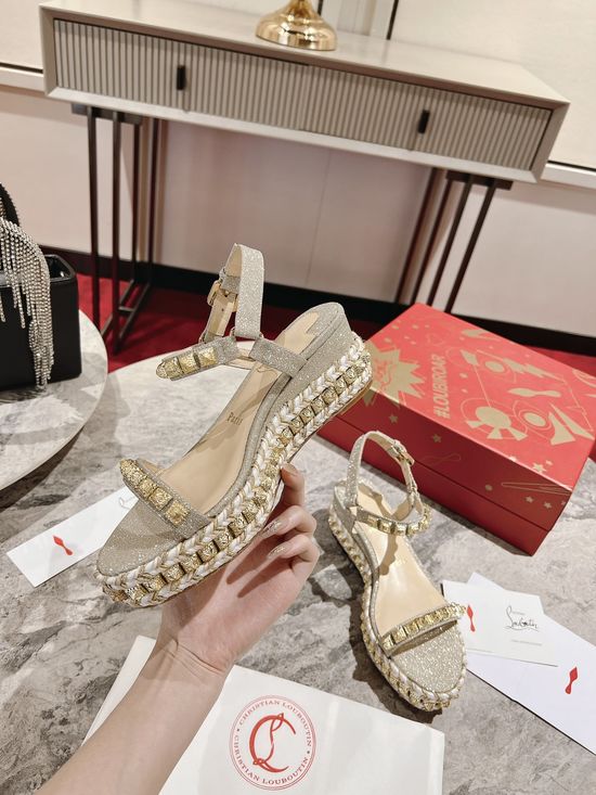 Christian Louboutine Wedge Heel Sandal with Embroidered Woven Detail