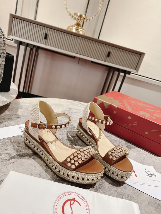 Christian Louboutine Embroidered Wedge Platform Sandals with Metal Details